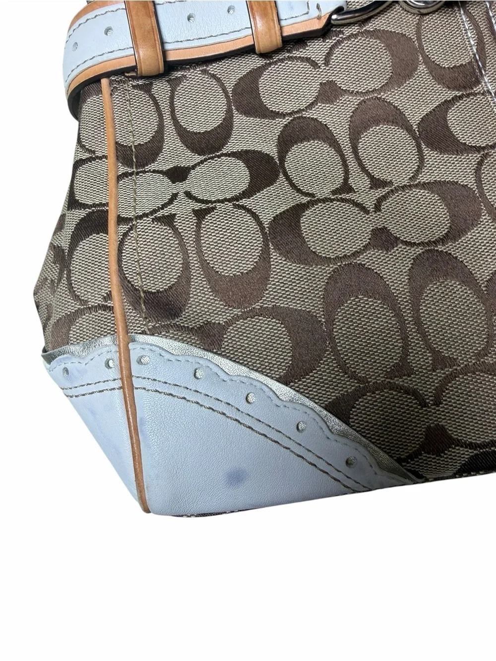 Coach Signature Hampton Buckle Belted Satchel Y2K Blue Leather Jacquard Bag